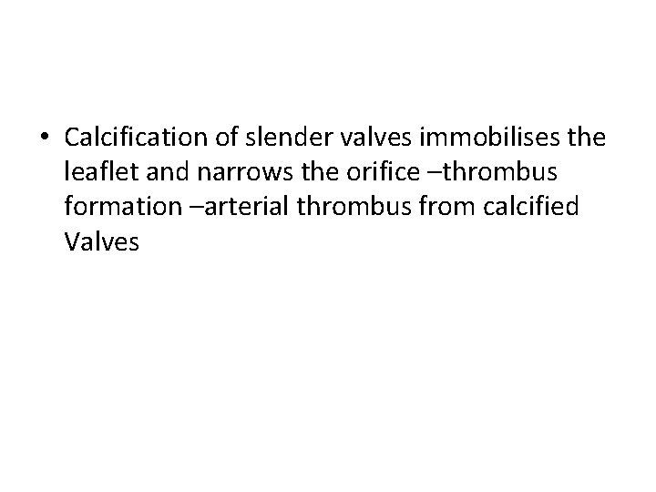  • Calcification of slender valves immobilises the leaflet and narrows the orifice –thrombus