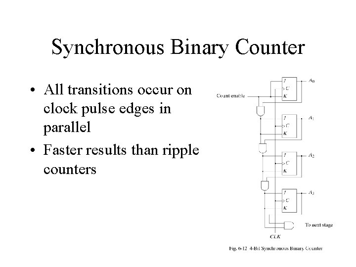 Synchronous Binary Counter • All transitions occur on clock pulse edges in parallel •