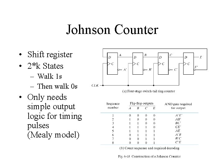 Johnson Counter • Shift register • 2*k States – Walk 1 s – Then