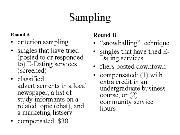 Sampling Round A • criterion sampling • singles that have tried (posted to or Sampling Round A • criterion sampling • singles that have tried (posted to or