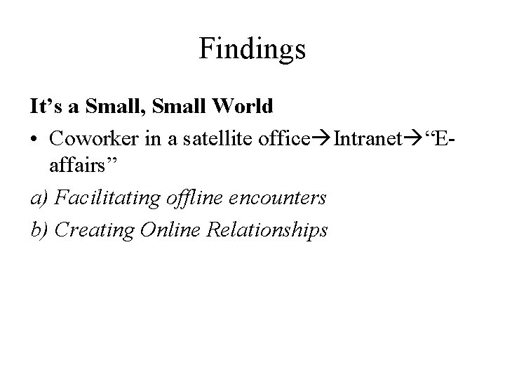 Findings It’s a Small, Small World • Coworker in a satellite office Intranet “Eaffairs” Findings It’s a Small, Small World • Coworker in a satellite office Intranet “Eaffairs”