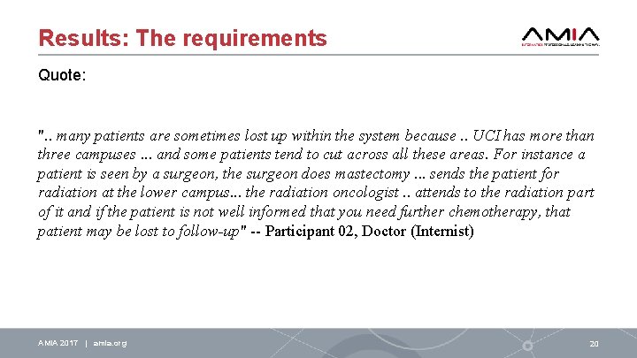 Results: The requirements Quote: ". . many patients are sometimes lost up within the