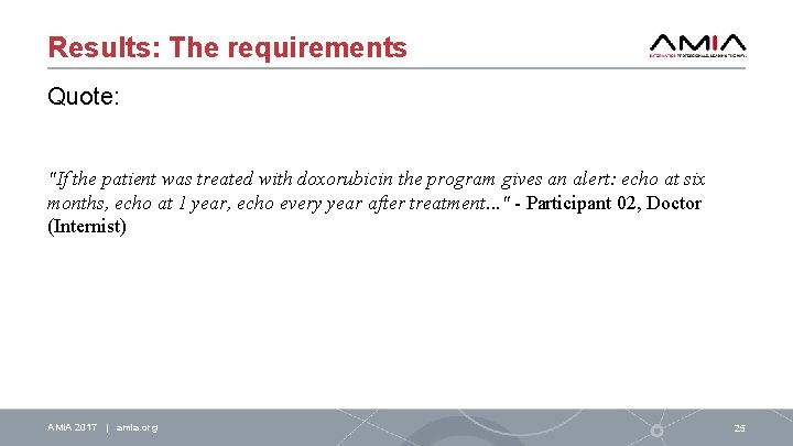 Results: The requirements Quote: "If the patient was treated with doxorubicin the program gives