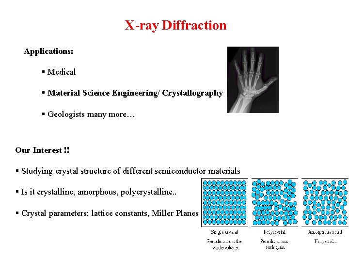 X-ray Diffraction Applications: § Medical § Material Science Engineering/ Crystallography § Geologists many more…