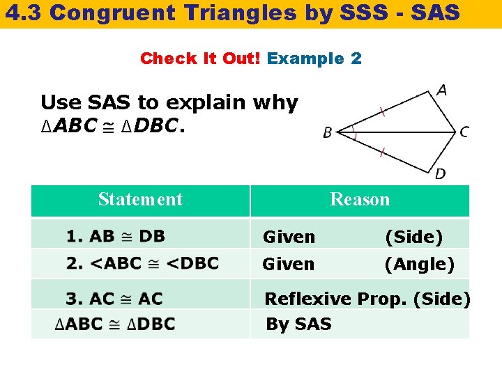 4. 3 Congruent Triangles by SSS - SAS Check It Out! Example 2 Use