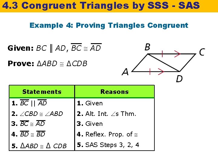 4. 3 Congruent Triangles by SSS - SAS Example 4: Proving Triangles Congruent Given: