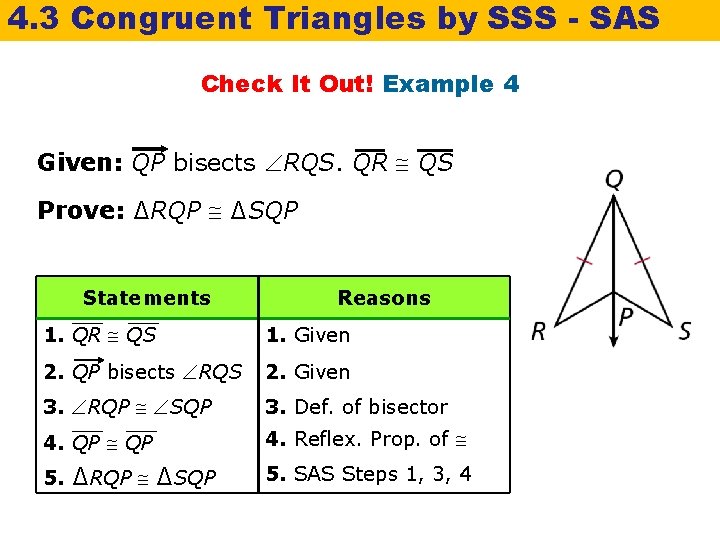 4. 3 Congruent Triangles by SSS - SAS Check It Out! Example 4 Given: