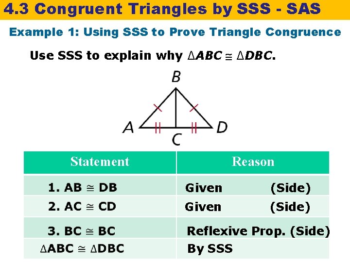 4. 3 Congruent Triangles by SSS - SAS Example 1: Using SSS to Prove