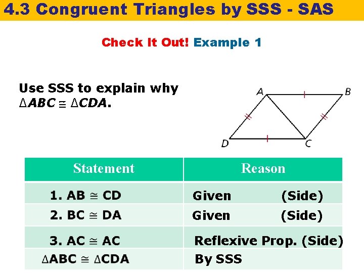 4. 3 Congruent Triangles by SSS - SAS Check It Out! Example 1 Use