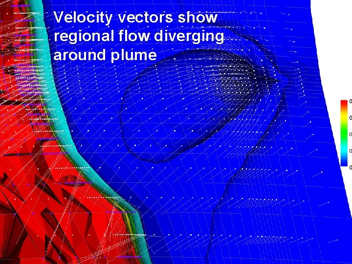 Velocity vectors show regional flow diverging around plume 