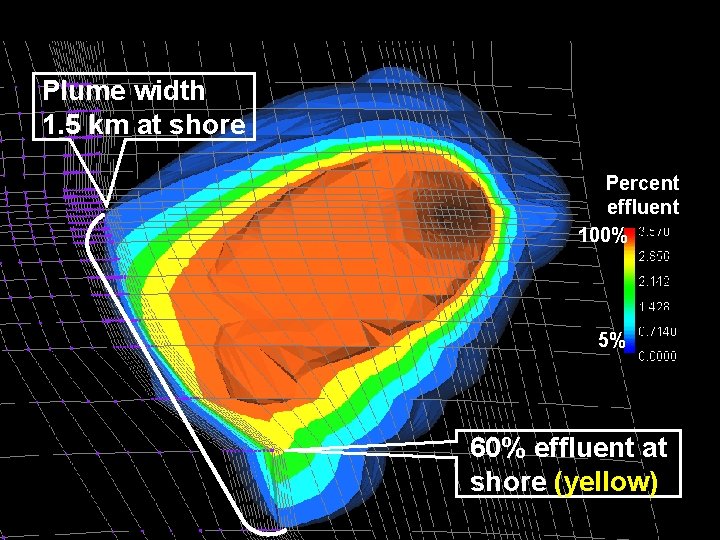 Plume width 1. 5 km at shore Percent effluent 100% 5% 60% effluent at