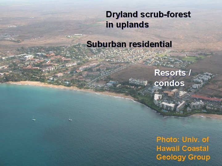 Dryland scrub-forest in uplands Suburban residential Resorts / condos Photo: Univ. of Hawaii Coastal