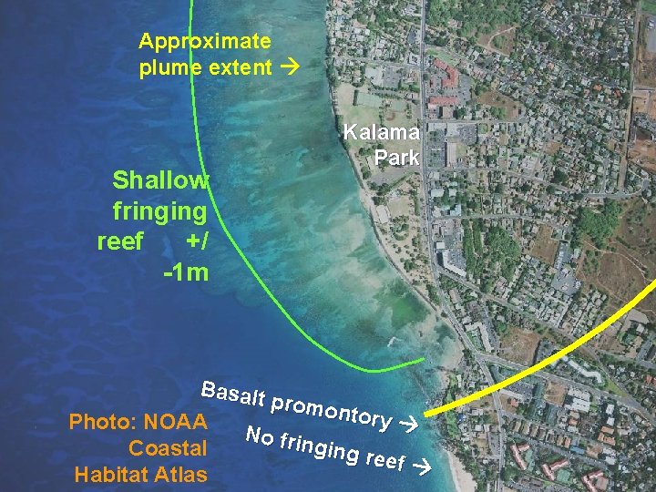 Approximate plume extent Shallow fringing reef +/ -1 m Kalama Park Basalt promo ntory