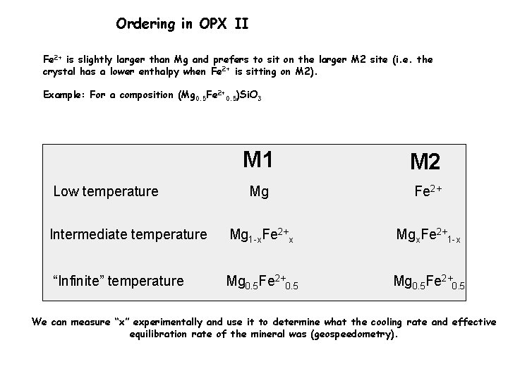 Ordering in OPX II Fe 2+ is slightly larger than Mg and prefers to