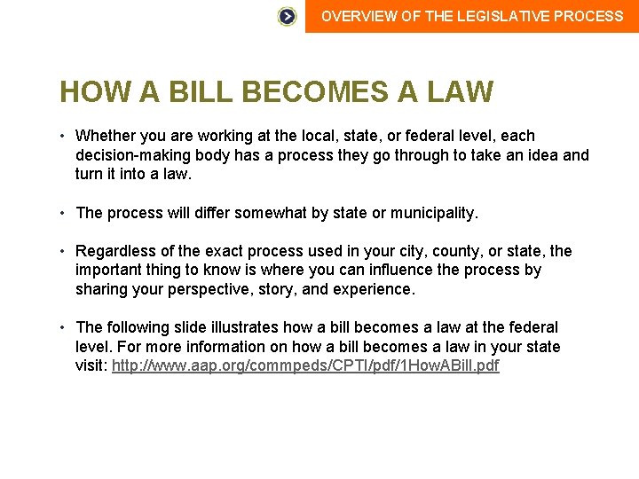 OVERVIEW OF THE LEGISLATIVE PROCESS HOW A BILL BECOMES A LAW • Whether you