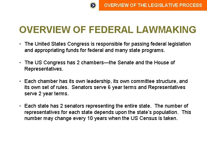 OVERVIEW OF THE LEGISLATIVE PROCESS OVERVIEW OF FEDERAL LAWMAKING • The United States Congress