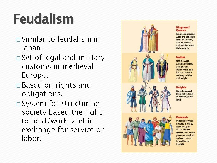 Feudalism � Similar to feudalism in Japan. � Set of legal and military customs
