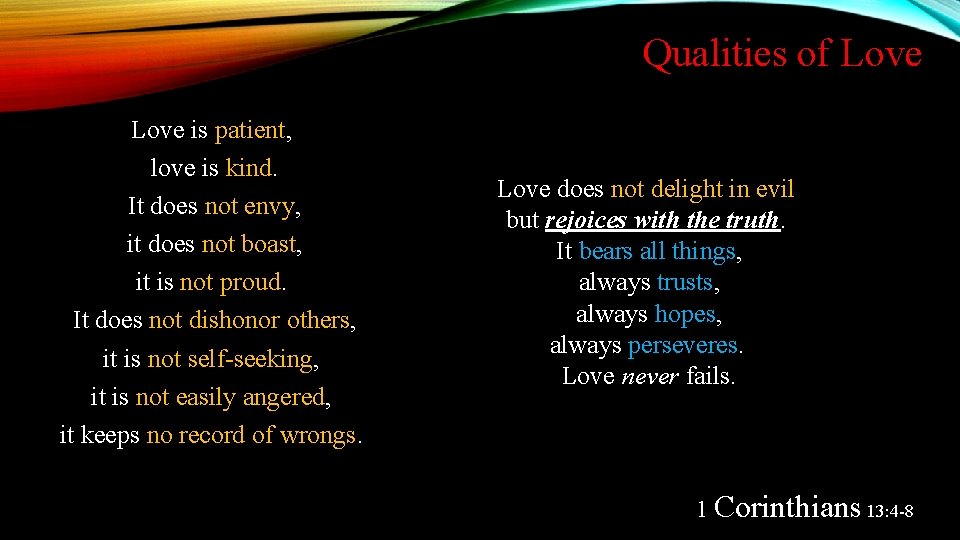 Qualities of Love is patient, love is kind. It does not envy, it does