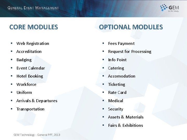 CORE MODULES OPTIONAL MODULES § Web Registration § Fees Payment § Accreditation § Request