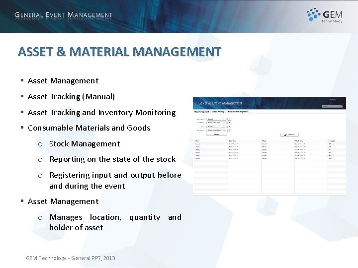 ASSET & MATERIAL MANAGEMENT § Asset Management § Asset Tracking (Manual) § Asset Tracking