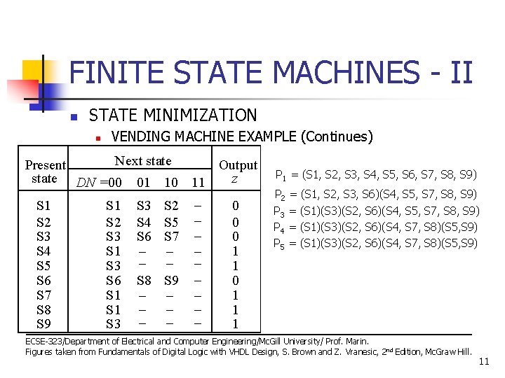 FINITE STATE MACHINES - II n STATE MINIMIZATION n VENDING MACHINE EXAMPLE (Continues) Next