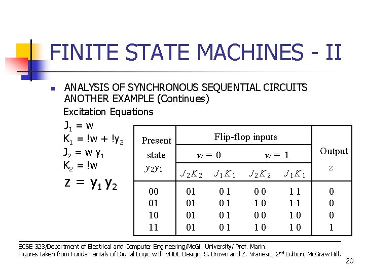 FINITE STATE MACHINES - II n ANALYSIS OF SYNCHRONOUS SEQUENTIAL CIRCUITS ANOTHER EXAMPLE (Continues)