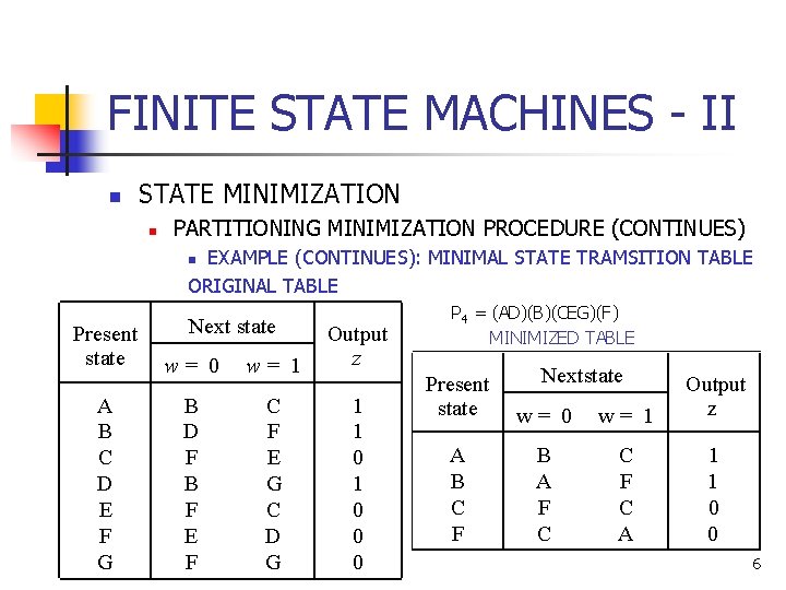 FINITE STATE MACHINES - II n STATE MINIMIZATION n PARTITIONING MINIMIZATION PROCEDURE (CONTINUES) EXAMPLE