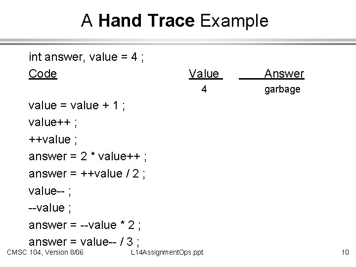 A Hand Trace Example int answer, value = 4 ; Code Value Answer 4