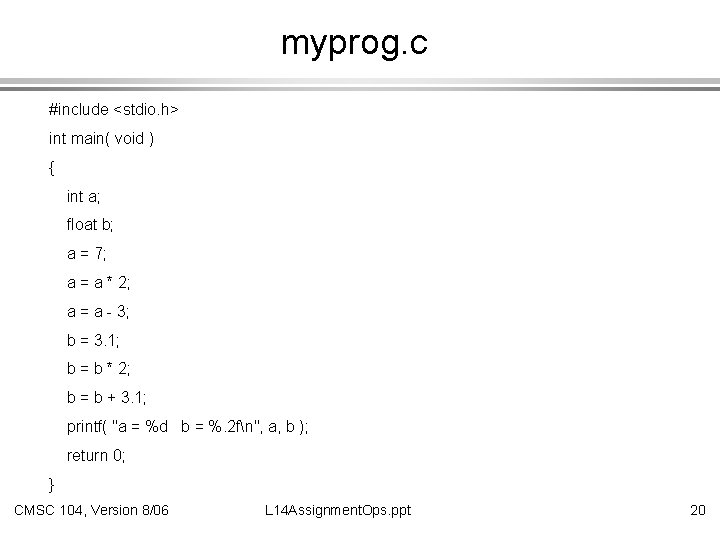 myprog. c #include <stdio. h> int main( void ) { int a; float b;