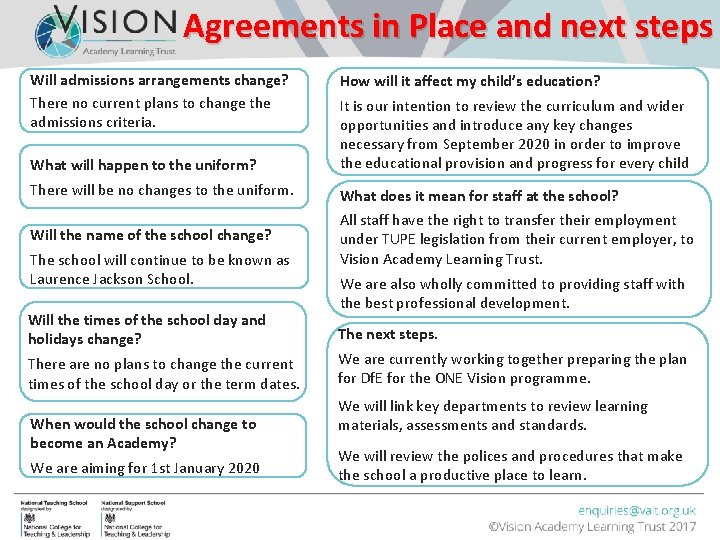 Agreements in Place and next steps Will admissions arrangements change? There no current plans