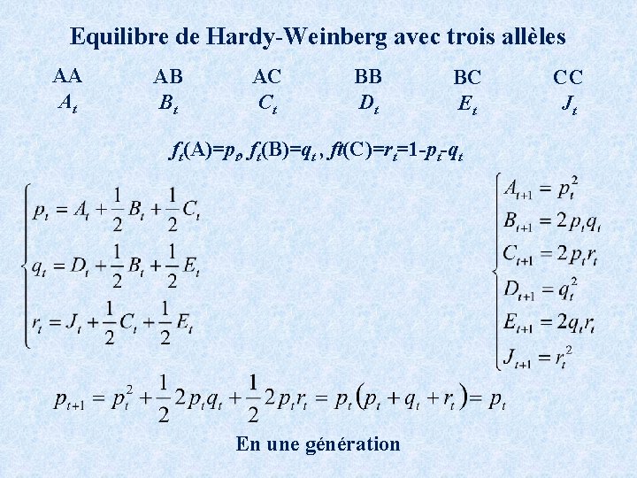 Equilibre de Hardy-Weinberg avec trois allèles AA At AB Bt AC Ct BB Dt