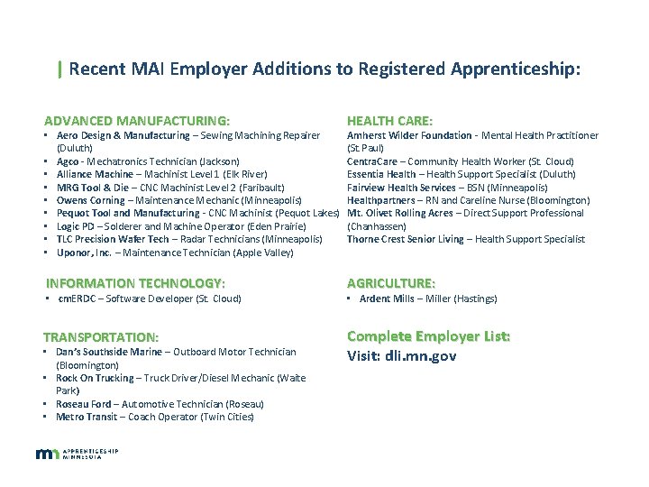 | Recent MAI Employer Additions to Registered Apprenticeship: ADVANCED MANUFACTURING: HEALTH CARE: INFORMATION TECHNOLOGY: