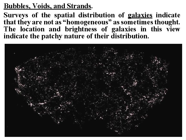 Bubbles, Voids, and Strands. Surveys of the spatial distribution of galaxies indicate that they