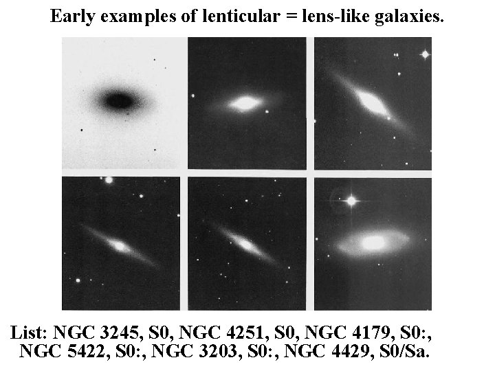 Early examples of lenticular = lens-like galaxies. List: NGC 3245, S 0, NGC 4251,