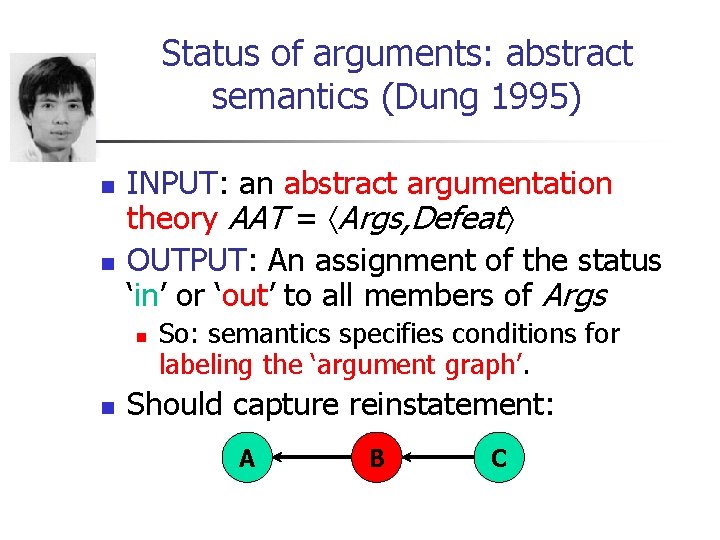 Status of arguments: abstract semantics (Dung 1995) n n INPUT: an abstract argumentation theory