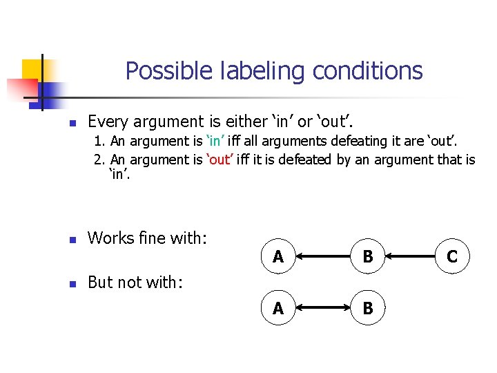 Possible labeling conditions n Every argument is either ‘in’ or ‘out’. 1. An argument