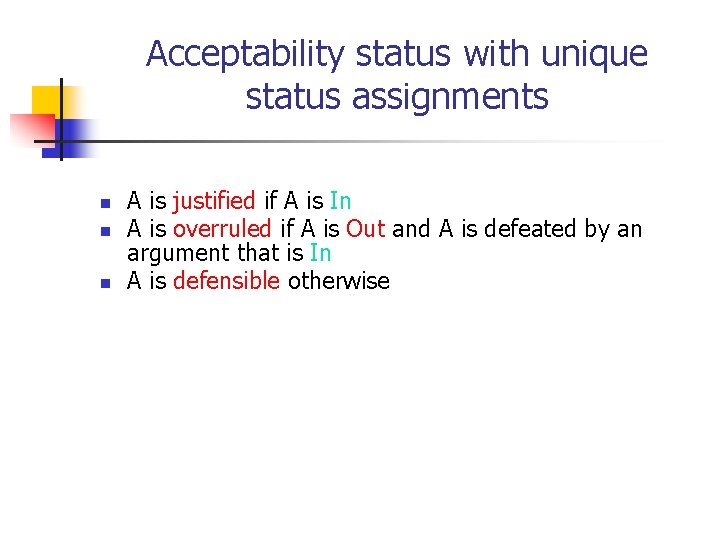 Acceptability status with unique status assignments n n n A is justified if A