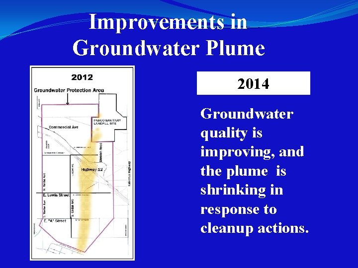 Improvements in Groundwater Plume 2014 Groundwater quality is improving, and the plume is shrinking