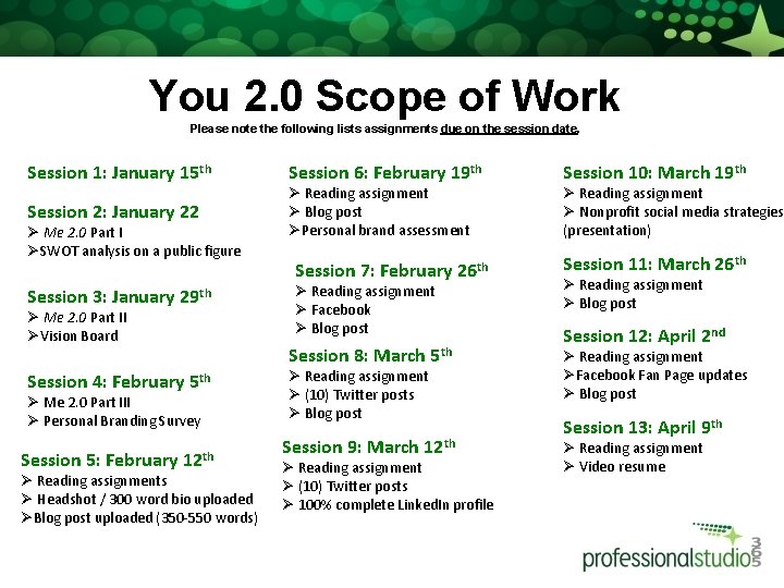 You 2. 0 Scope of Work Please note the following lists assignments due on