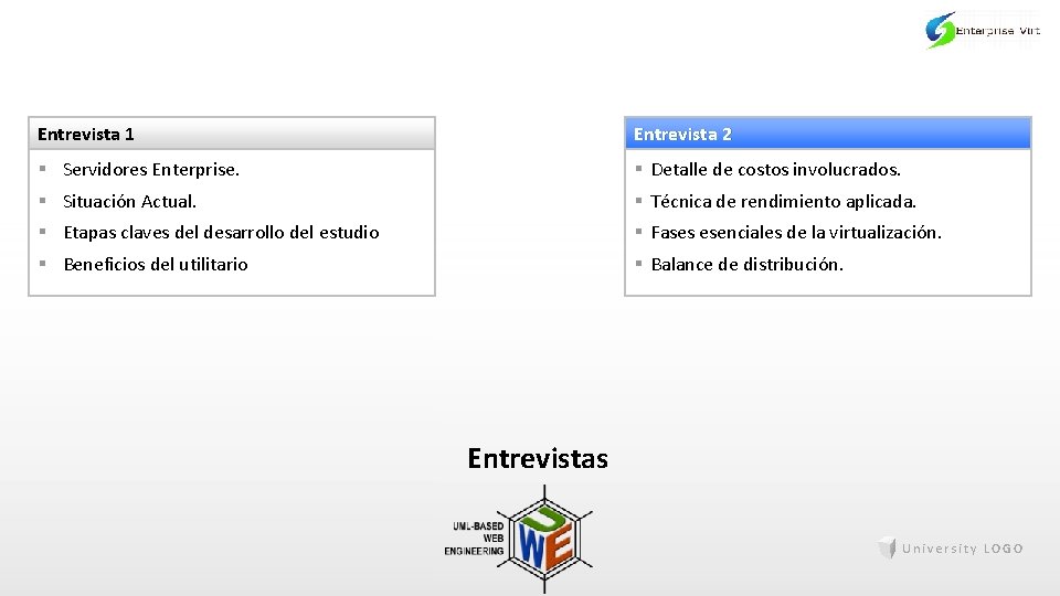 Entrevista 1 Entrevista 2 § Servidores Enterprise. § Detalle de costos involucrados. § Situación