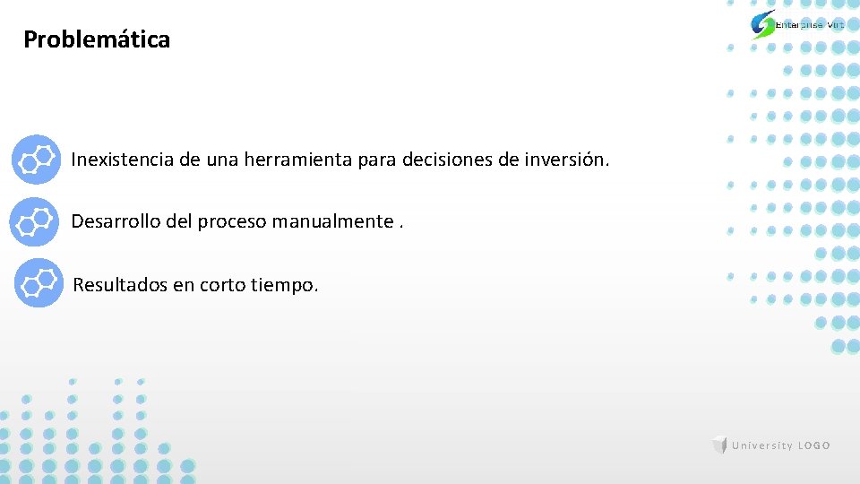 Problemática Inexistencia de una herramienta para decisiones de inversión. Desarrollo del proceso manualmente. Resultados