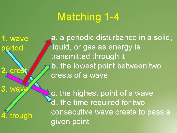 Matching 1 -4 1. wave period 2. crest 3. wave 4. trough a. a