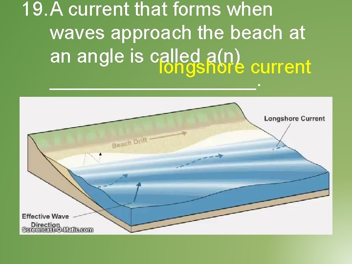 19. A current that forms when waves approach the beach at an angle is