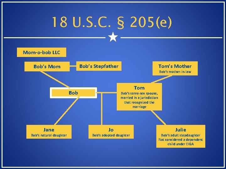 18 U. S. C. § 205(e) Mom-o-bob LLC Bob’s Stepfather Bob’s Mom Bob’s natural 18 U. S. C. § 205(e) Mom-o-bob LLC Bob’s Stepfather Bob’s Mom Bob’s natural