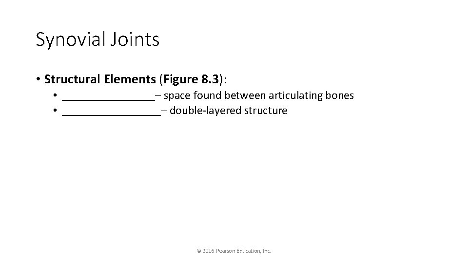 Synovial Joints • Structural Elements (Figure 8. 3): • ________– space found between articulating