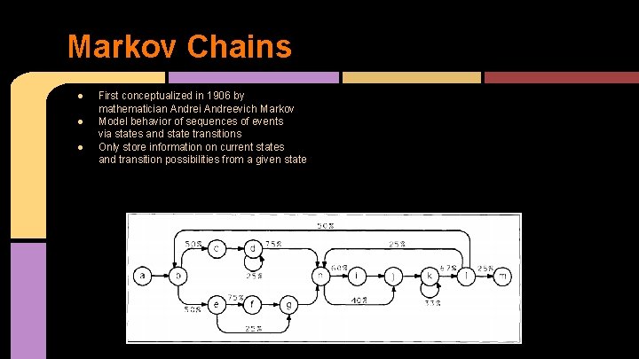 Markov Chains ● ● ● First conceptualized in 1906 by mathematician Andrei Andreevich Markov