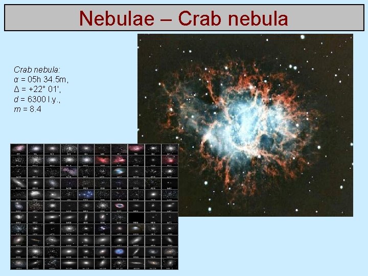 Nebulae – Crab nebula: α = 05 h 34. 5 m, Δ = +22°