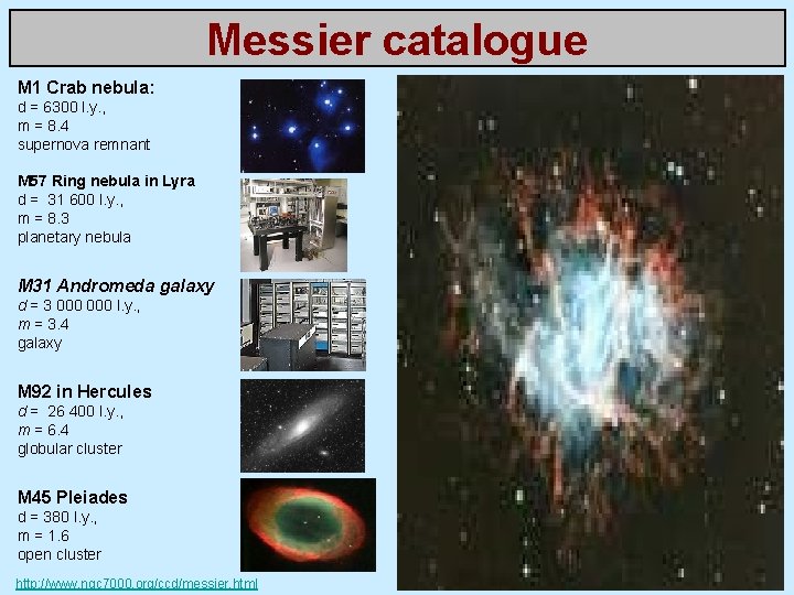 Messier catalogue M 1 Crab nebula: d = 6300 l. y. , m =