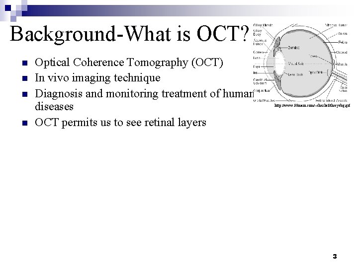 Background-What is OCT? n n n Optical Coherence Tomography (OCT) In vivo imaging technique