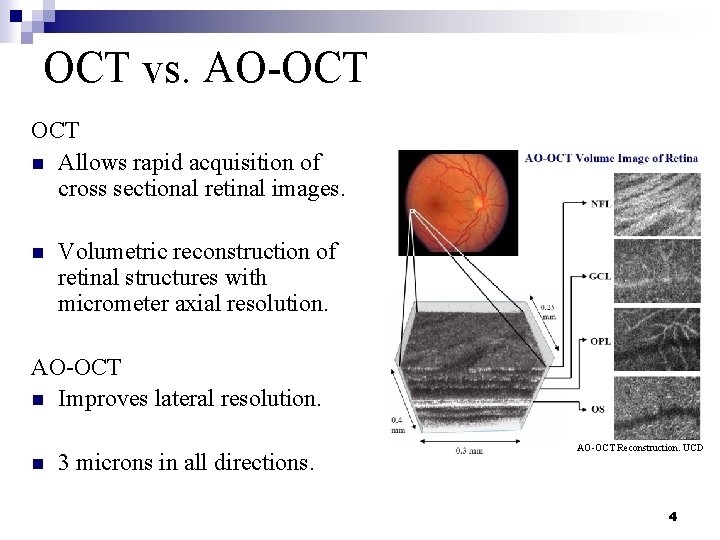 OCT vs. AO-OCT n Allows rapid acquisition of cross sectional retinal images. n Volumetric